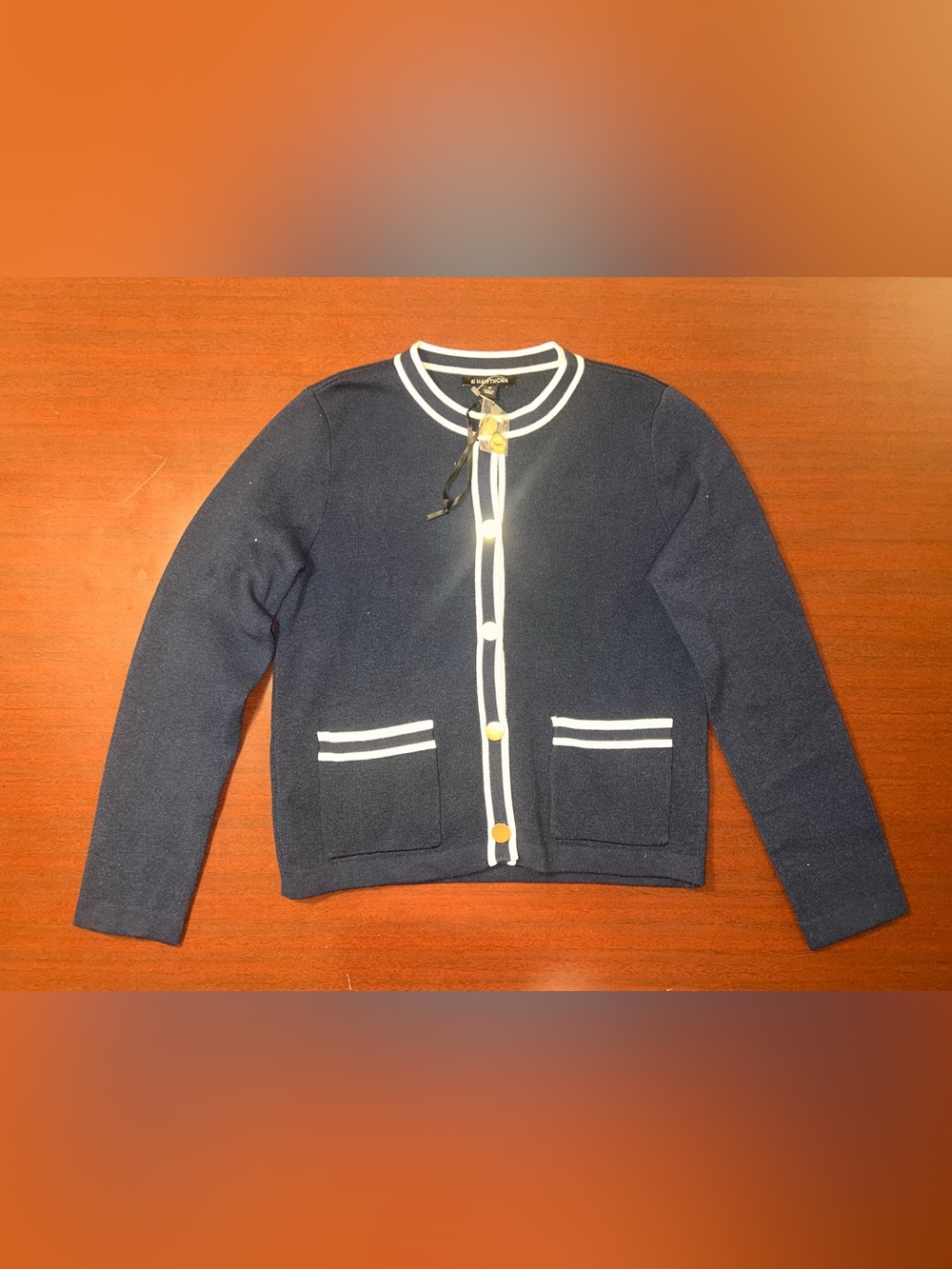 41 Hawthorn Navy Sweater with White Trim and Gold Buttons - Picture 1 of 4